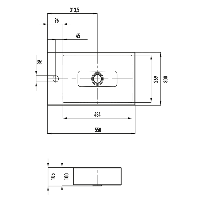 Kaldewei PURO Aufsatz-Handwaschtisch 3166, mit 1 Hahnlochbohrung links, 55 cm