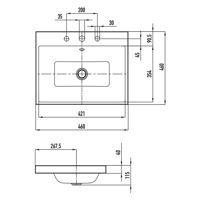 Kaldewei PURO Aufsatzwaschtisch 3153 mit 3 Hahnlochbohrungen, 46 cm