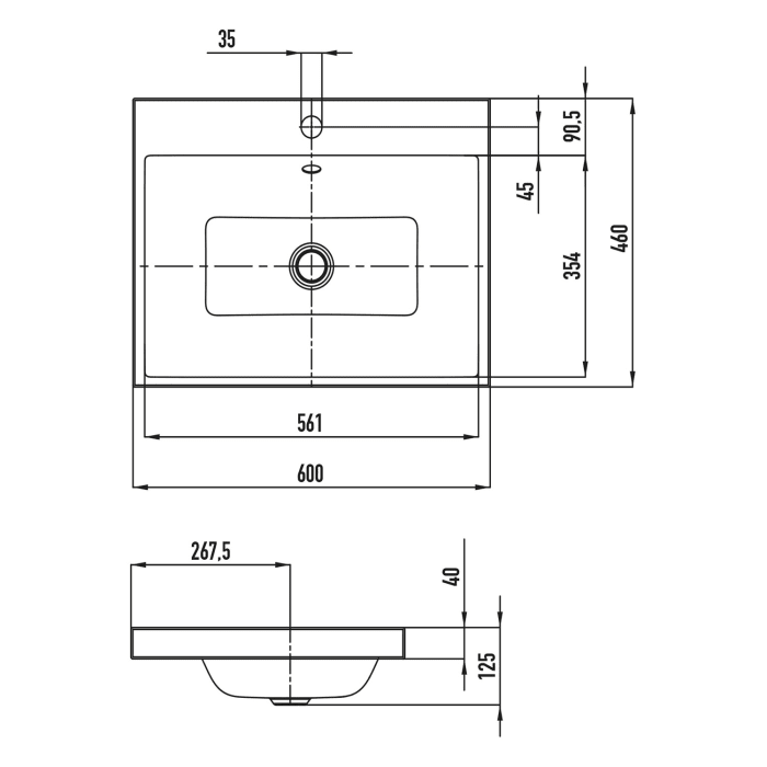 Kaldewei PURO Aufsatzwaschtisch 3154 mit 1 Hahnlochbohrung, 60 cm
