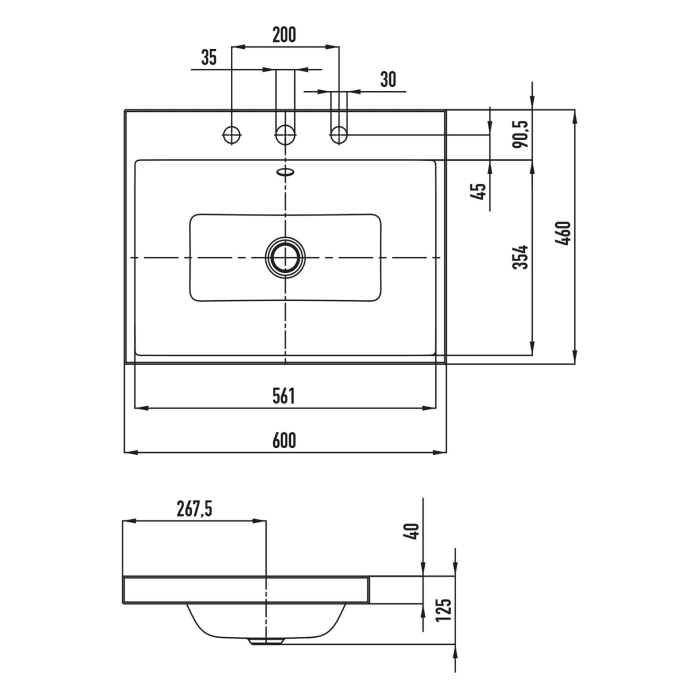 Kaldewei PURO Aufsatzwaschtisch 3154 mit 3 Hahnlochbohrungen, 60 cm