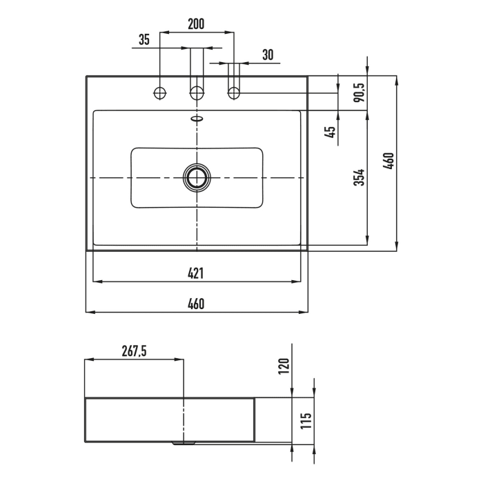 Kaldewei PURO Aufsatzwaschtisch 3156 mit 3 Hahnlochbohrungen, 46 cm
