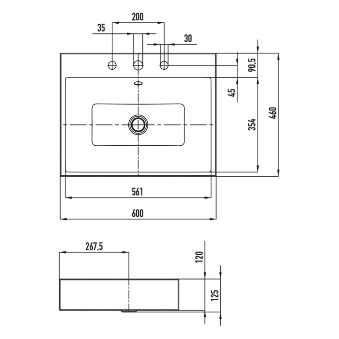 Kaldewei PURO Aufsatzwaschtisch 3157 mit 3 Hahnlochbohrungen, 60 cm