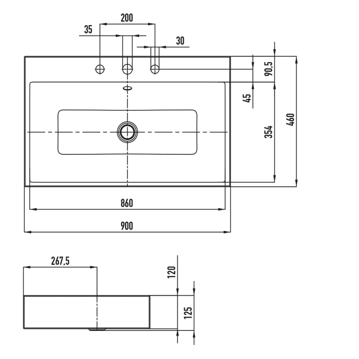 Kaldewei PURO Aufsatzwaschtisch 3158 mit 3 Hahnlochbohrungen, 90 cm
