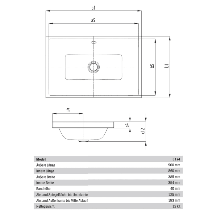 Kaldewei PURO S Aufsatzwaschtisch 3174, 90 cm