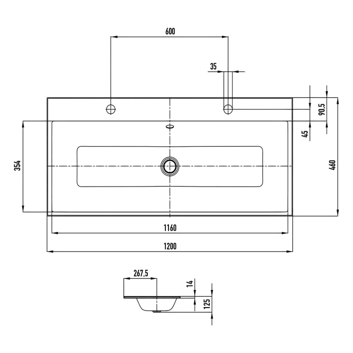 Kaldewei PURO Einbau- Doppelwaschtisch 3169 mit 2x 1 Hahnlochbohrung, 120 cm