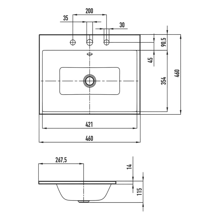 Kaldewei PURO Einbauwaschtisch 3150 mit 3 Hahnlochbohrungen, 46 cm