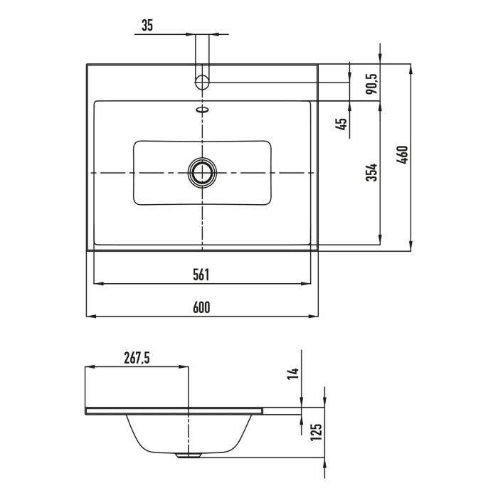 Kaldewei PURO Einbauwaschtisch 3151 mit 1 Hahnlochbohrung, 60 cm