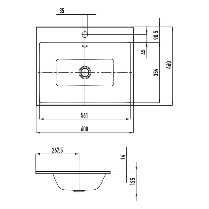 Kaldewei PURO Einbauwaschtisch 3151 mit 1 Hahnlochbohrung, 60 cm