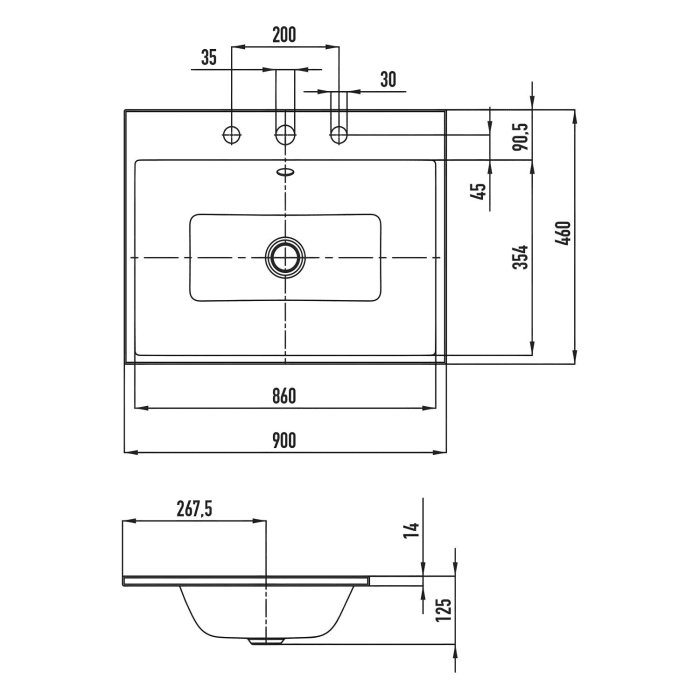Kaldewei PURO Einbauwaschtisch 3152 mit 3 Hahnlochbohrungen, 90 cm