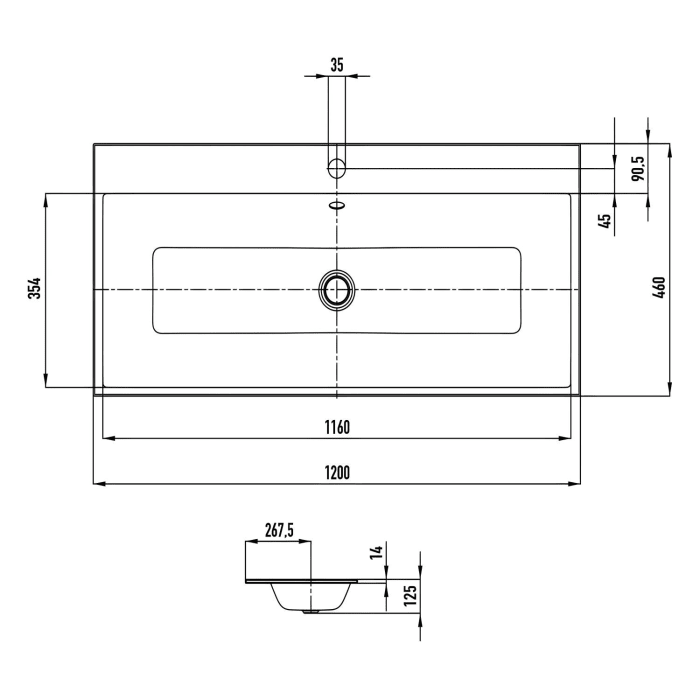 Kaldewei PURO Einbauwaschtisch 3169 mit 1 Hahnlochbohrung, 120 cm