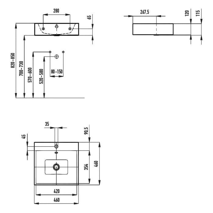 Kaldewei PURO Wandwaschtisch 3163 mit 1 Hahnlochbohrung, 46 cm
