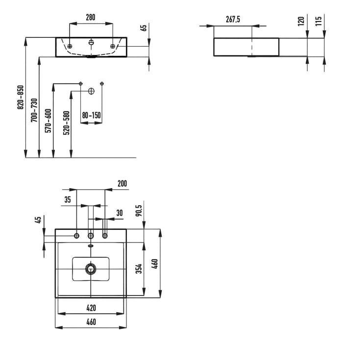 Kaldewei PURO Wandwaschtisch 3163 mit 3 Hahnlochbohrungen, 46 cm