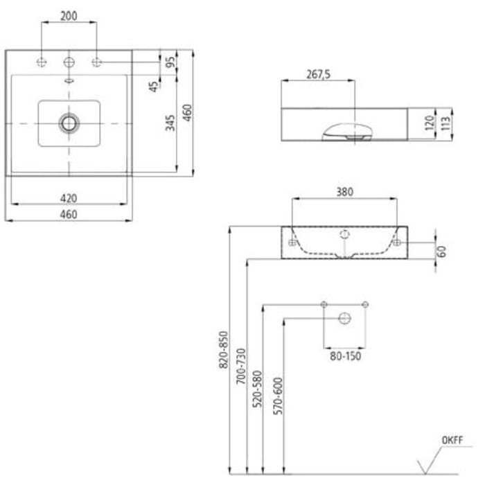 Kaldewei PURO Wandwaschtisch 3163 mit 3 Hahnlochbohrungen, 46 cm