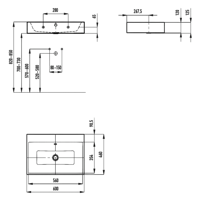 Kaldewei PURO Wandwaschtisch 3164 ohne Hahnlochbohrung, 60 cm