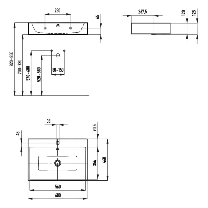 Kaldewei PURO Wandwaschtisch 3164 mit 1 Hahnlochbohrung, 60 cm