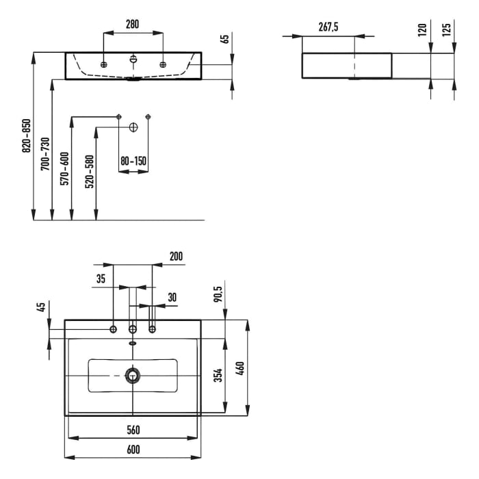 Kaldewei PURO Wandwaschtisch 3164 mit 3 Hahnlochbohrungen, 60 cm