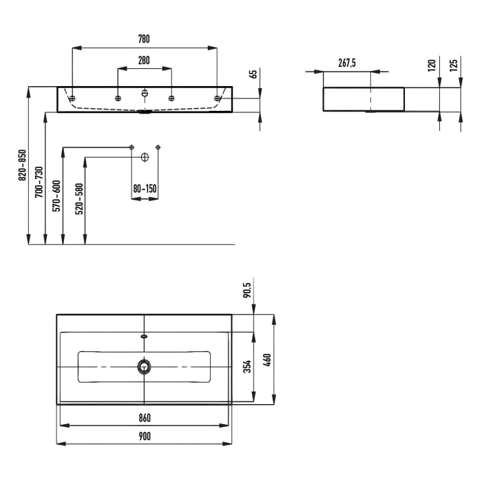 Kaldewei PURO Wandwaschtisch 3165 ohne Hahnlochbohrung, 90 cm