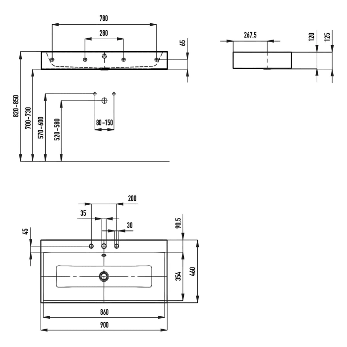 Kaldewei PURO Wandwaschtisch 3165 mit 3 Hahnlochbohrungen, 90 cm