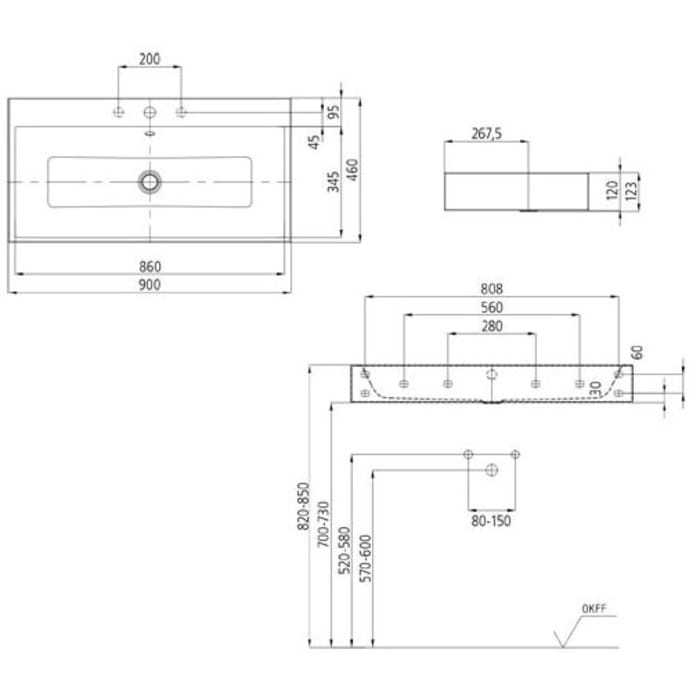 Kaldewei PURO Wandwaschtisch 3165 mit 1 Hahnlochbohrung, 90 cm