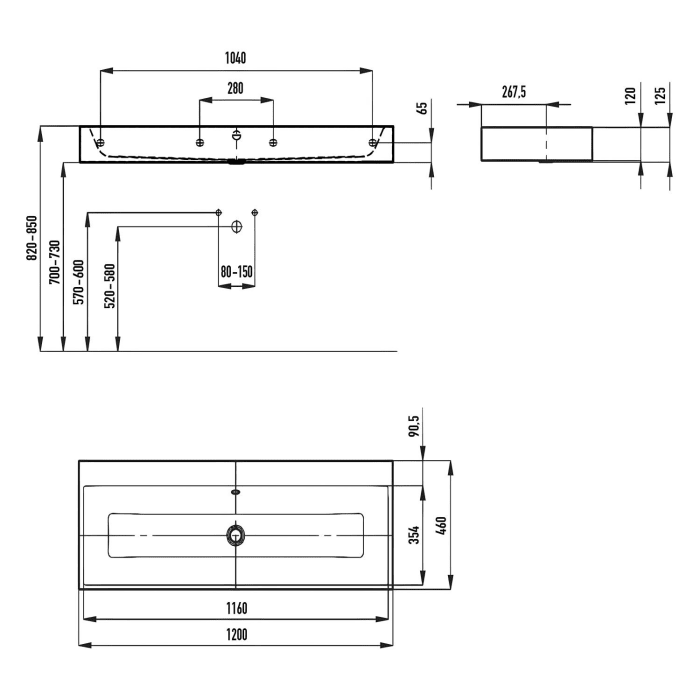 Kaldewei PURO Wandwaschtisch 3167 ohne Hahnlochbohrung, 120 cm