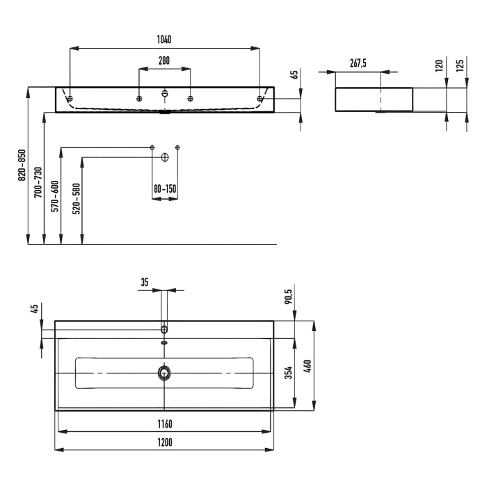 Kaldewei PURO Wandwaschtisch 3167 mit 1 Hahnlochbohrung, 120 cm