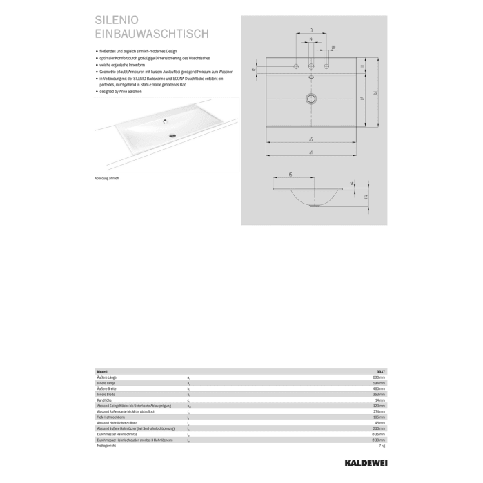 Kaldewei SILENIO Einbauwaschtisch 3037 mit 3 Hahnlochbohrungen, 60 cm
