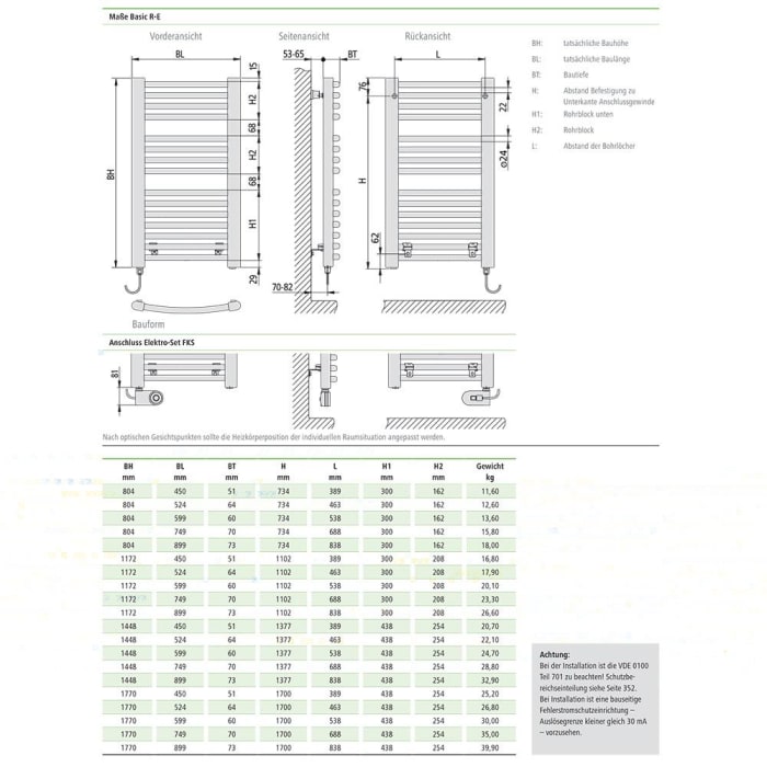 Kermi Basic R-E gebogen Badheizkörper 89,9 x 7,3 x 177 cm inkl. Elektro-Set FKS links