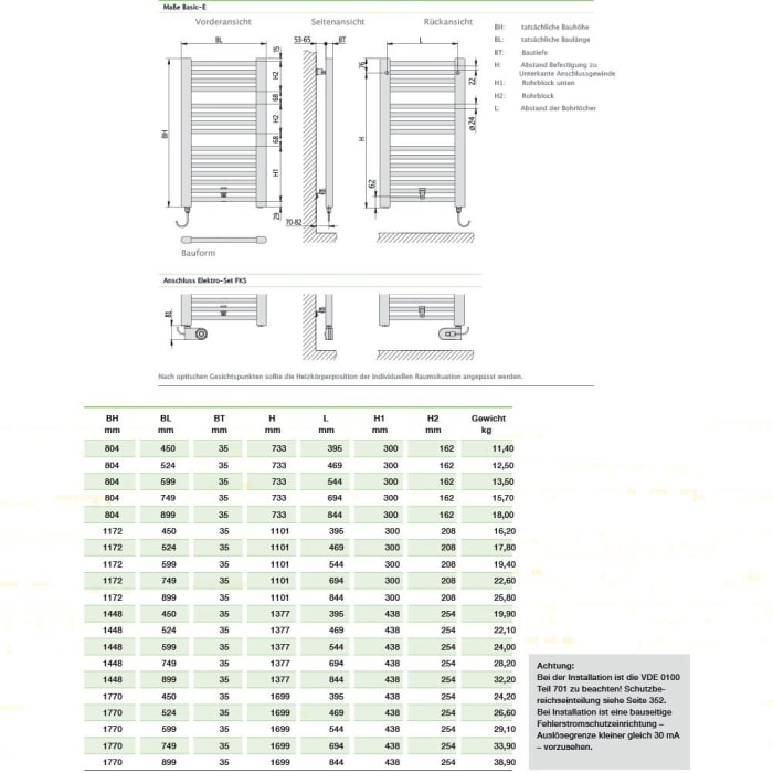 Kermi Basic-E gerade Badheizkörper 89,9 x 3,5 x 177 cm inkl. Elektro-Set FKS links