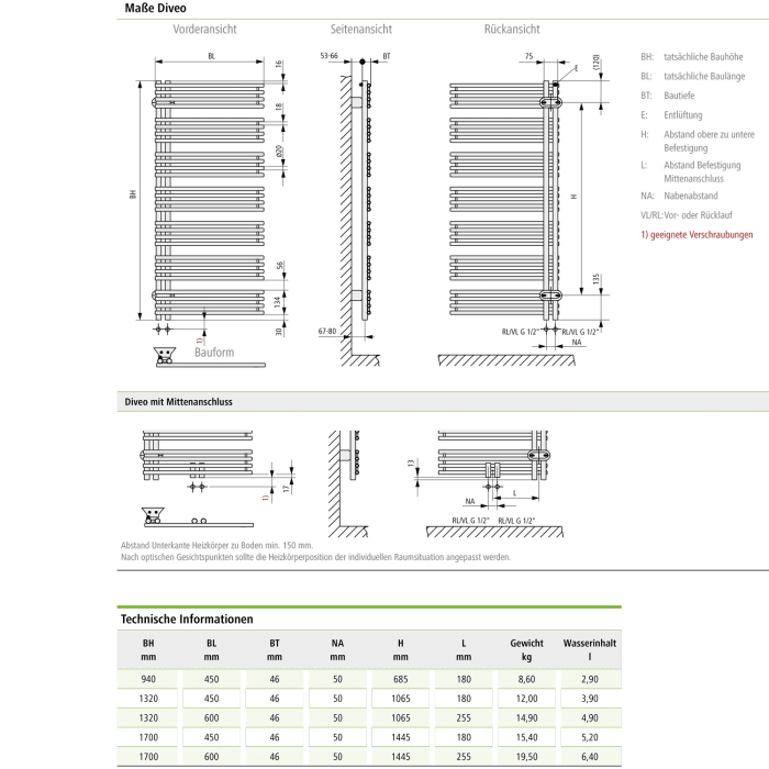 Kermi Diveo Badheizkörper 45 x 4,6 x 170 cm, Ausführung rechts mit Mittenanschluss