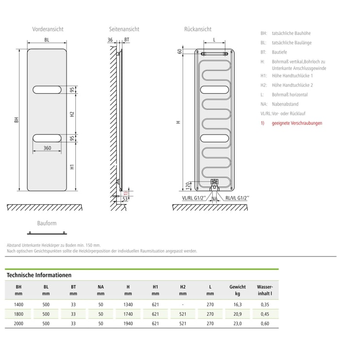 Kermi Oni Badheizkörper 50 x 3,3 x 180 cm