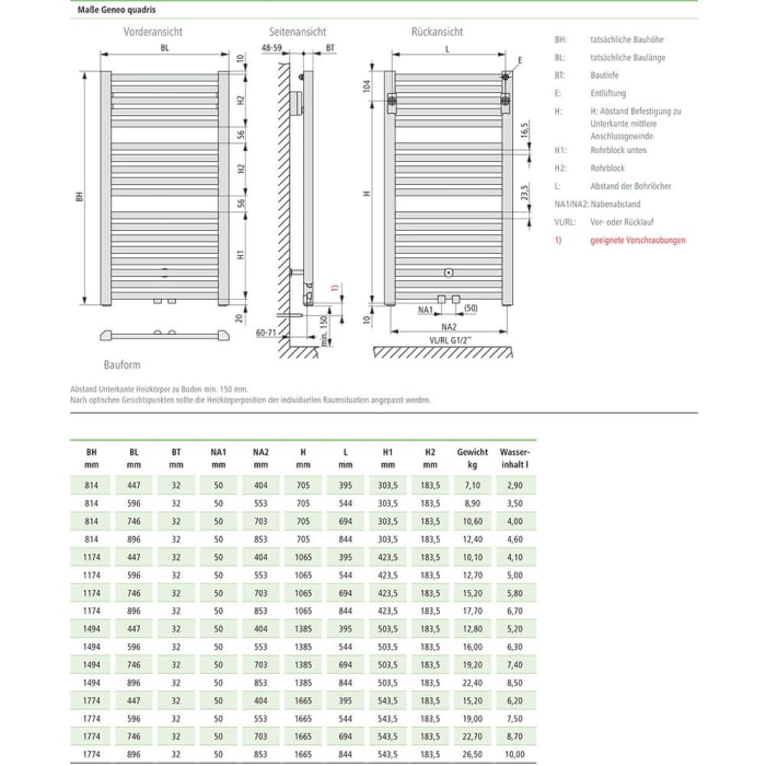 Kermi Geneo quadris Badheizkörper 59,6 x 3,2 x 117,4 cm