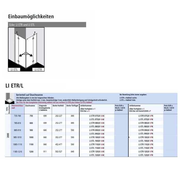 Kermi Liga Eckeinstieg Schwingtür mit Festteil für Duschwanne 90 cm, Halbteil rechts