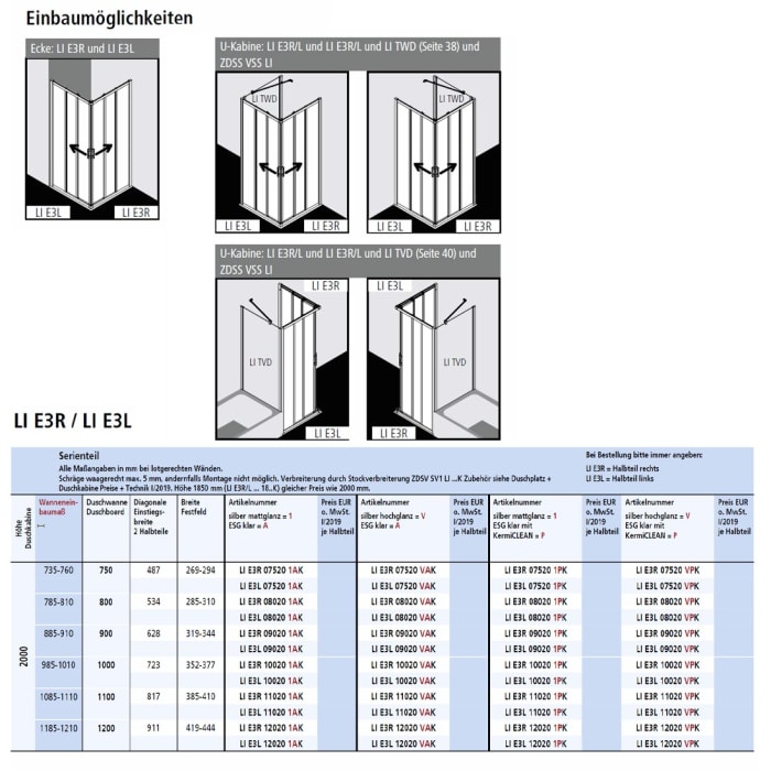 Kermi Liga Eckeinstieg 3-teilig Gleittür 100 cm, Halbteil links
