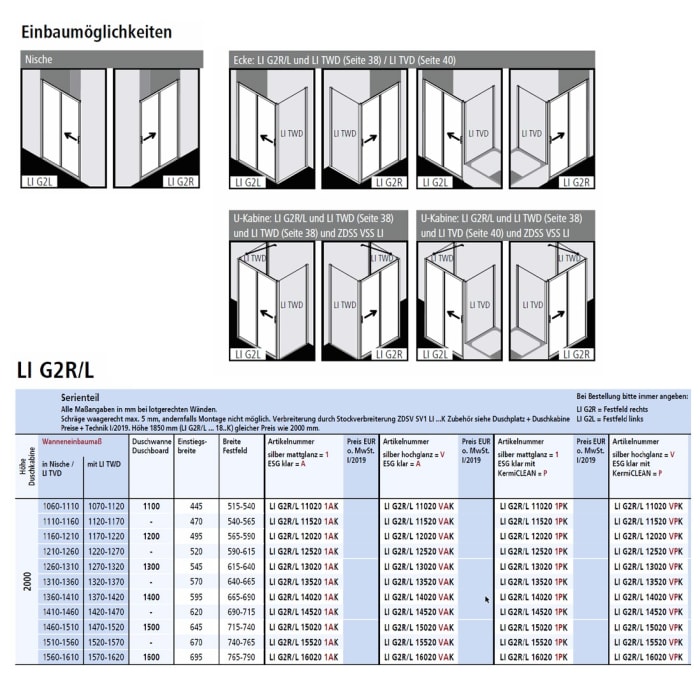 Kermi Liga Gleittür 2-teilig 125 cm mit Festfeld links