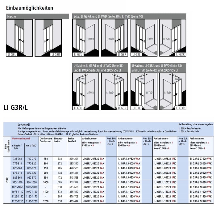 Kermi Liga Gleittür 3-teilig 115 cm mit Festfeld rechts