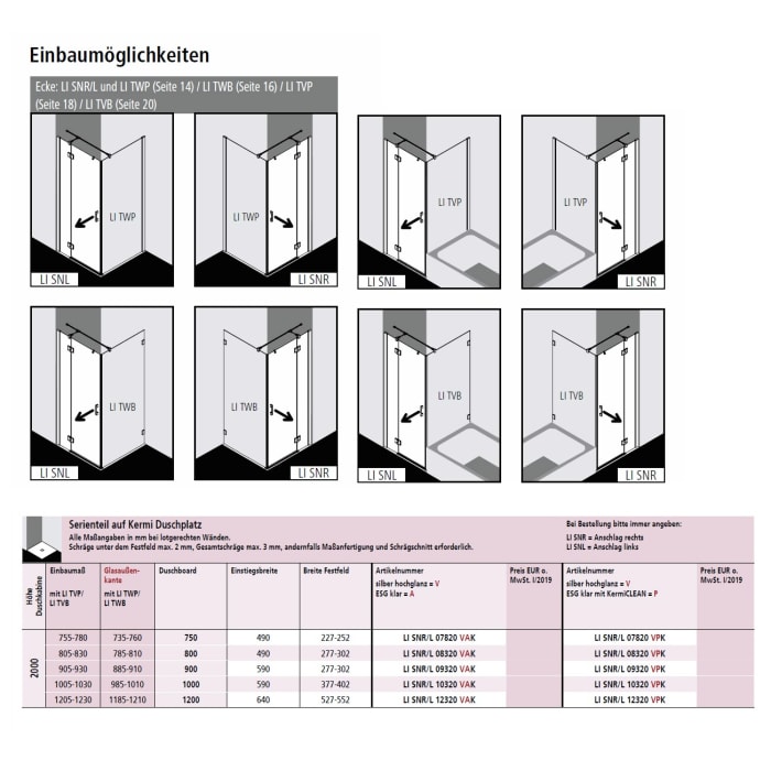 Kermi Liga Schwingtür mit Festfeld für Duschplatz 75 cm, Anschlag rechts