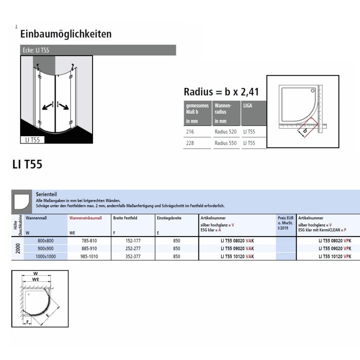 Kermi Liga Viertelkreis-Duschkabine mit zwei Schwingtüren und Festfeldern 80 x 80 cm 1