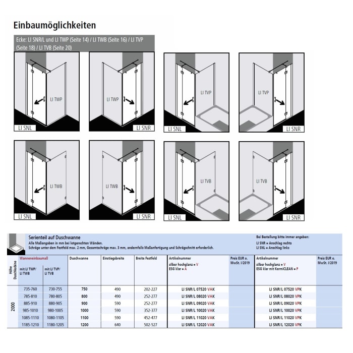 Kermi Liga Schwingtür mit Festfeld für Duschwanne 100 cm, Anschlag links