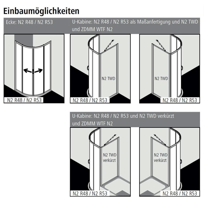 Kermi Nova 2000 Viertelkreis-Duschkabine R53 mit Gleittüren u. Festfeldern 80x90x200 cm