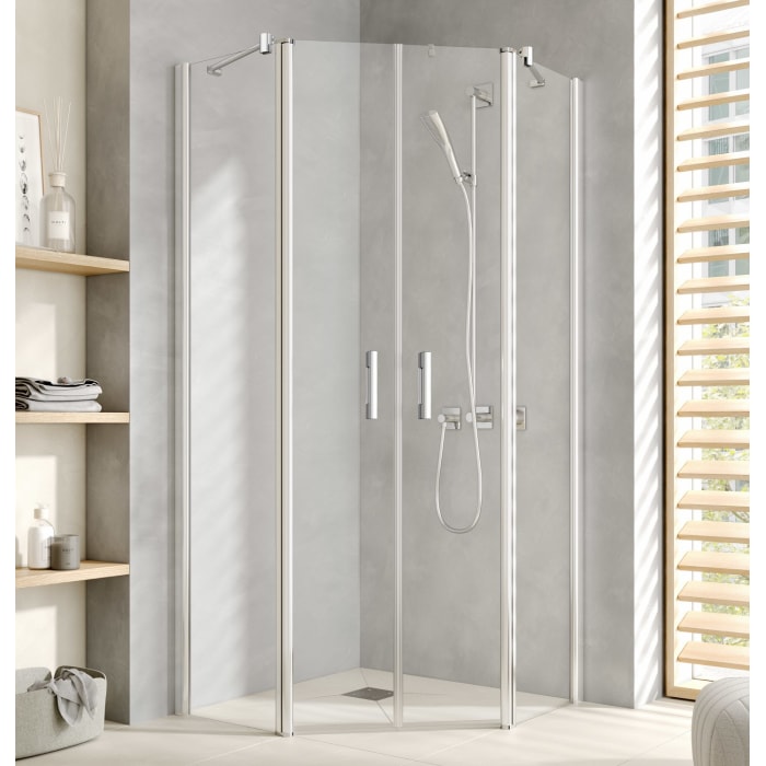 Kermi Pega Fünfeck-Duschkabine Pendeltüren mit Festfeldern 90 x 90 cm, Schenkelmaß Wanne: 43,7 cm