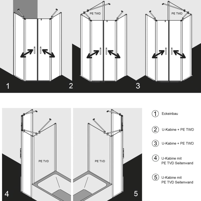 Kermi Pega Fünfeck-Duschkabine Pendeltüren mit Festfeldern 90 x 90 cm, Schenkelmaß Wanne: 47,5 cm