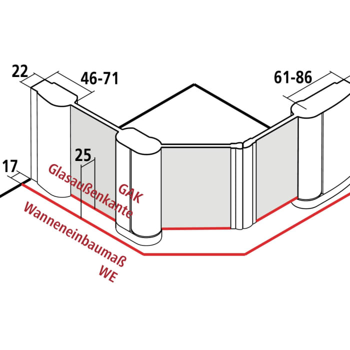 Kermi Pega Fünfeck-Duschkabine Pendeltüren mit Festfeld 100 x 100 cm, Schenkelmaß Wanne 53,7 cm, Anschlag links