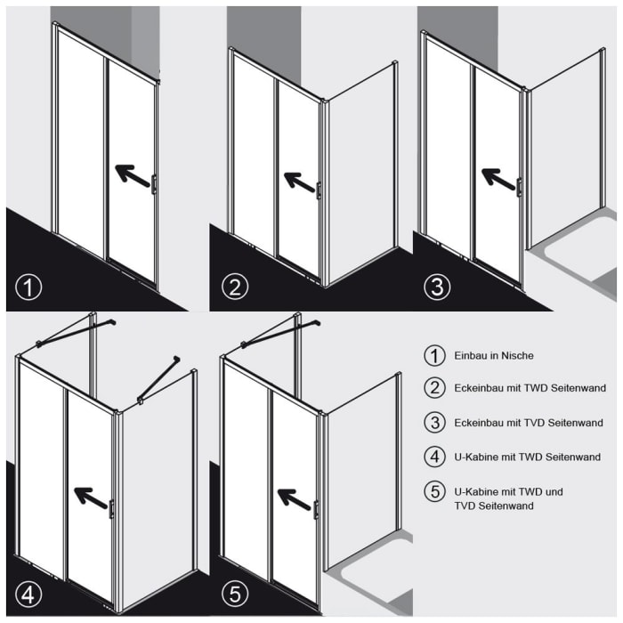 Kermi Liga Gleittür 2-teilig bodenfrei 125 cm für Duschwanne mit Festfeld links
