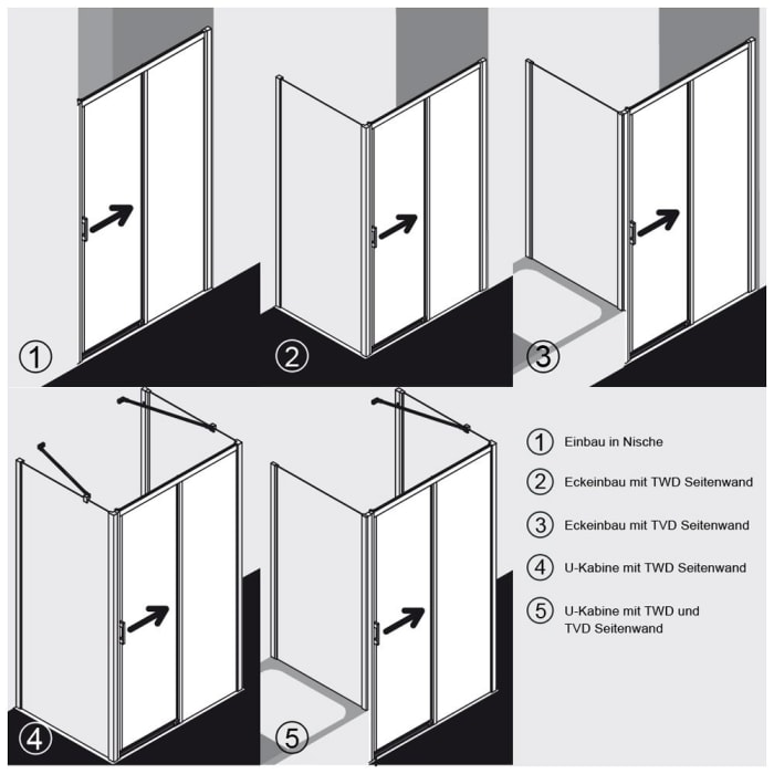 Kermi Liga Gleittür 2-teilig bodenfrei 125 cm für Duschwanne mit Festfeld rechts