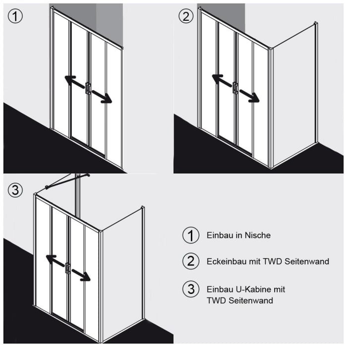 Kermi Liga Gleittür 4-teilig bodenfrei 120 cm mit Festfeldern für Duschplatz