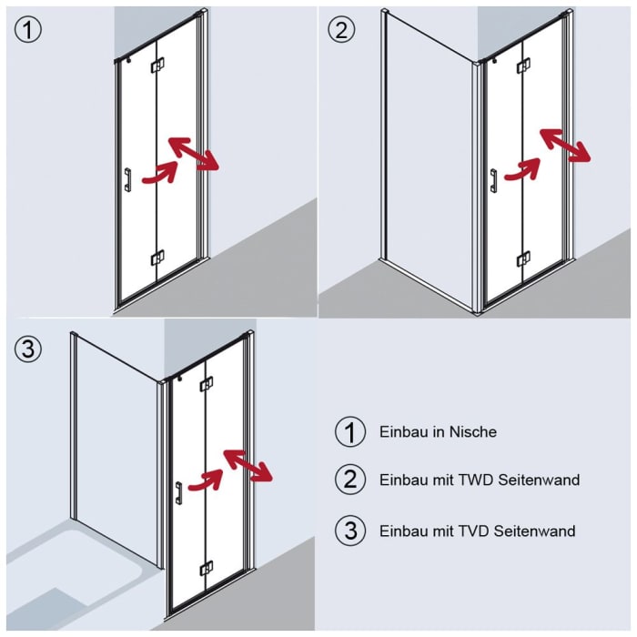 Kermi Liga Pendel-Falttür für Duschwanne 75 cm mit 2 Glasflügeln, Anschlag rechts