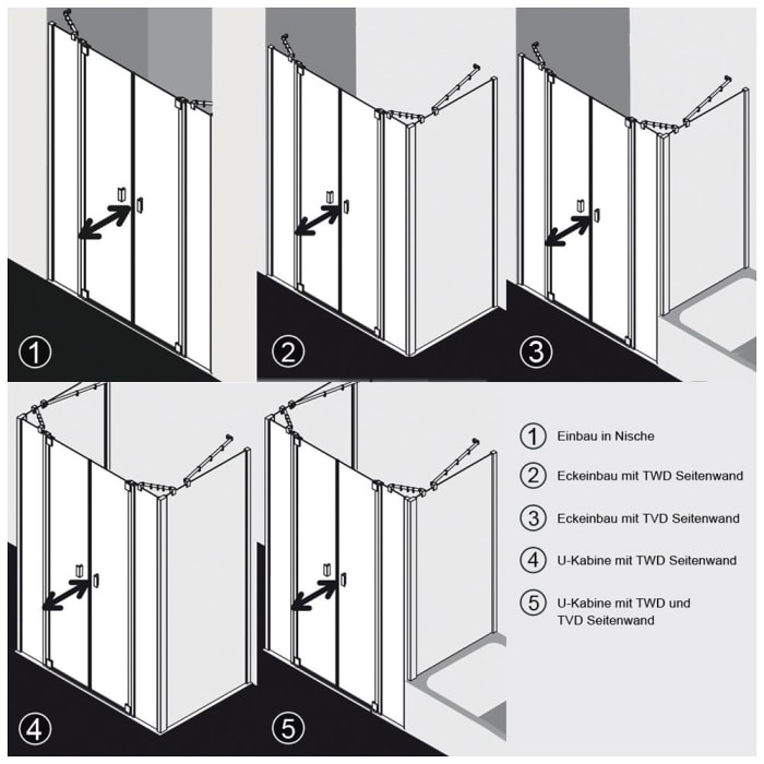 Kermi Raya Pendeltür 2-flügelig 180 cm mit 2 Festteilen für Nische und Kombination mit Seitenwand