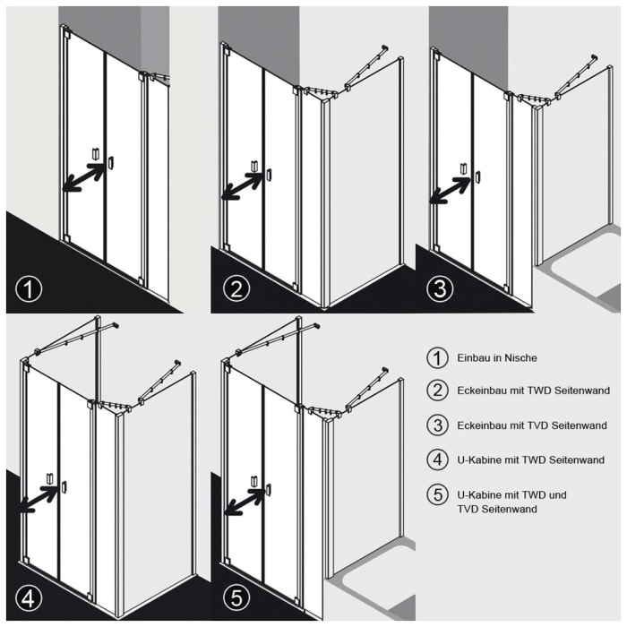 Kermi Raya Pendeltür 2-flügelig 150 cm mit 1 Festteil rechts für Nische und Kombination mit Seitenwand