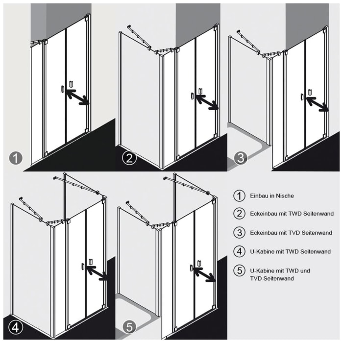 Kermi Raya Pendeltür 2-flügelig 140 cm mit 1 Festteil rechts für Nische und Kombination mit Seitenwand
