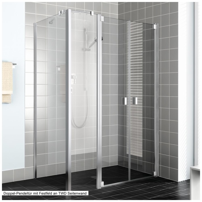 Kermi Raya Pendeltür 2-flügelig 140 cm mit 1 Festteil rechts für Nische und Kombination mit Seitenwand